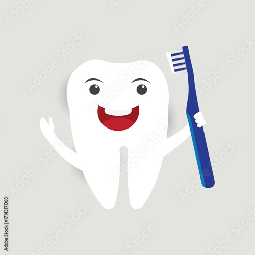Happy cartoon tooth character holding a toothbrush and giving a thumbs up for dental hygiene