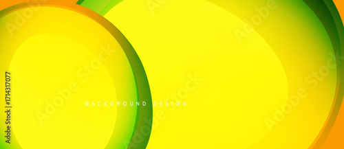 Bright yellow background features overlapping curved shapes. Gradient colors create dynamic visual effect. Modern design element.