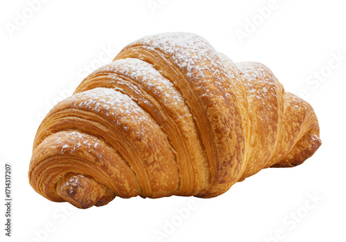 Obraz na plátně Isolated French croissant pastry with powdered sugar, tasty breakfast baked good
