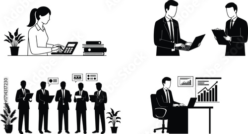 Business scenes, office teamwork, corporate meeting, data analysis, professional collaboration, leadership, workplace diversity, strategy, plan