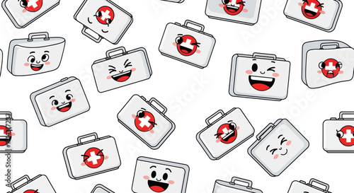 Seamless pattern of cute cartoon first aid kits with various funny facial expressions.