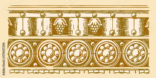 Vintage decorative border with floral motifs and geometric patterns in sepia tones