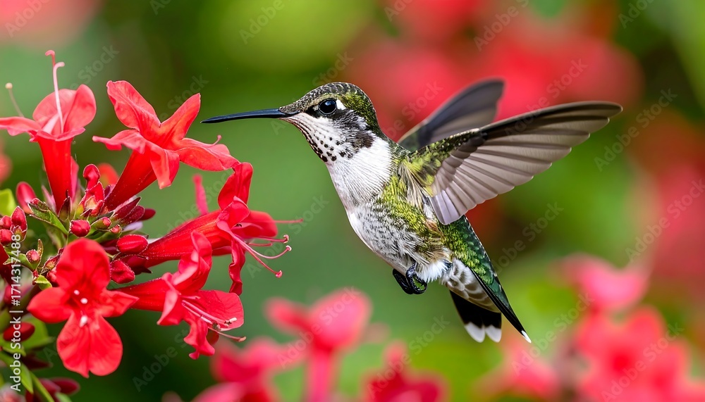 Fototapeta premium Hummingbird in flight near bright red flowers