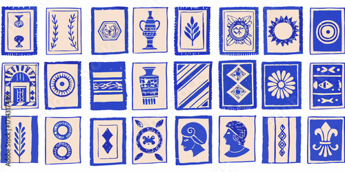 Collection of ancient inspired illustrations on cards with blue and beige color palette