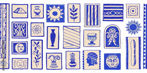 Collection of ancient egyptian inspired illustrations in blue and beige featuring hieroglyphs artifacts and symbols