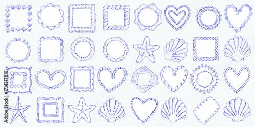 Collection of hand drawn blue watercolor frames and borders in various shapes and nautical themes