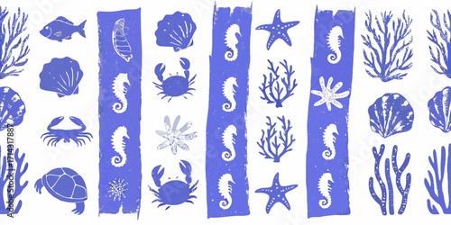 Seamless pattern of blue ocean life illustrations including seahorses crabs fish starfish shells and coral