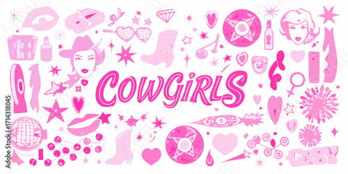Pink cowgirl themed collage featuring boots hats lips stars and diamonds with cowgirls text