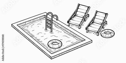 Hand drawn sketch of an empty swimming pool with lounge chairs and inflatable rings on a white background