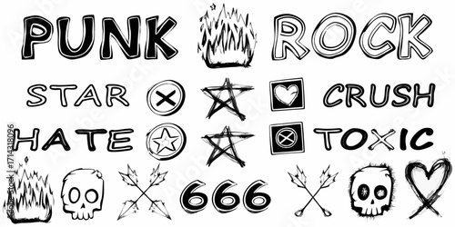 Collection of punk rock symbols and words including skulls flames hearts stars and the number 666