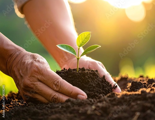 Hands Planting a Young Tree Sapling in Rich Soil at Sunset