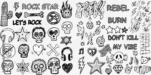 Collection of hand drawn rock and roll symbols and text doodles in black and white