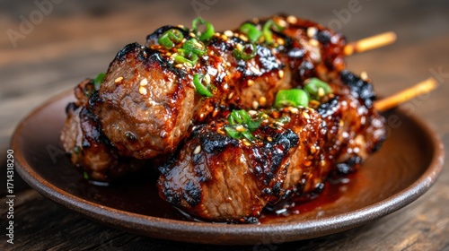 These grilled beef skewers boast a smoky glaze and are garnished with green onions, showcasing an enticing and hearty dish perfect for barbecues or gatherings.