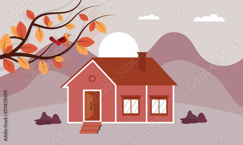 Summer cottage house. Cartoon modern beautiful housing for holiday among trees