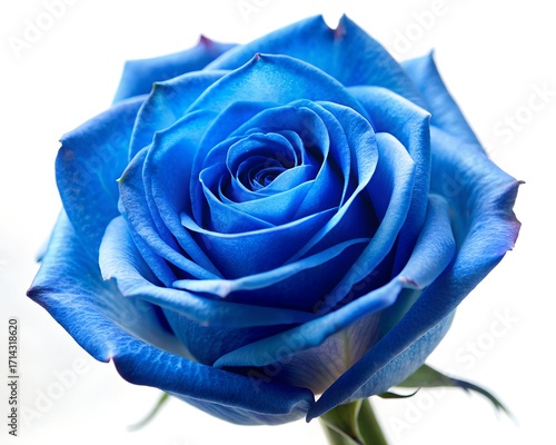 Vibrant blue rose in full bloom against a white background