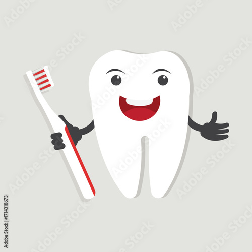A happy cartoon tooth character holds a toothbrush promoting dental care and oral hygiene