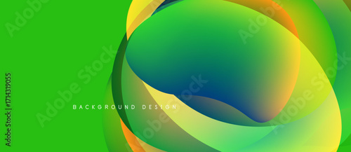 Bright abstract design features flowing colorful shapes. Gradient hues blend, creating dynamic visual impact. Vivid green background dominates composition.