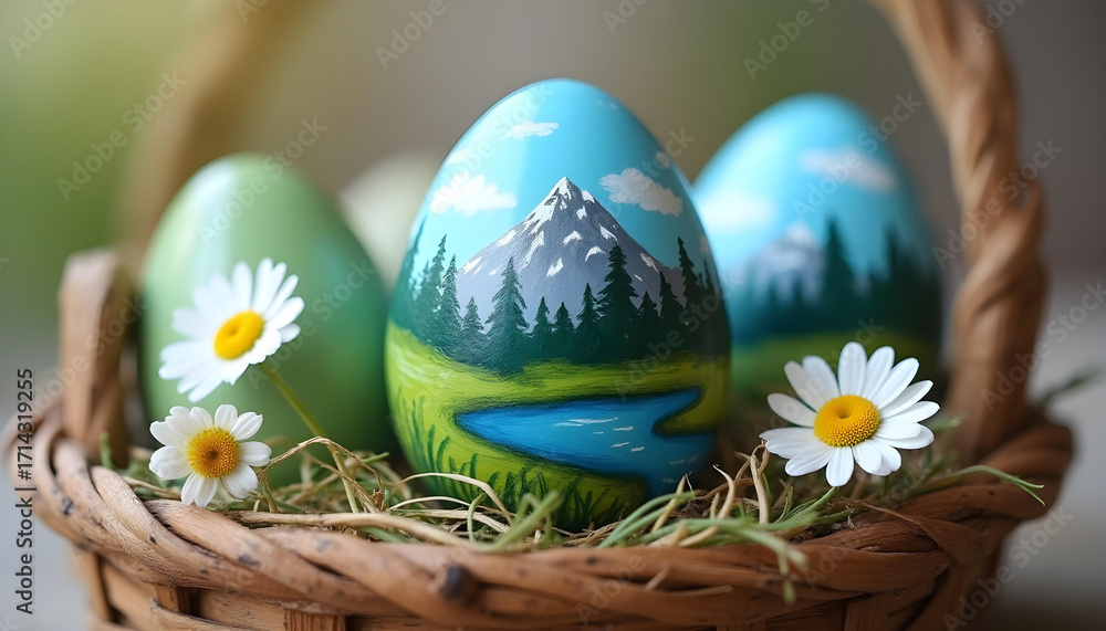 Fototapeta premium Design an Easter egg painted with a hand-drawn mountain landscape — blue skies, green fields, crystal lakes, and pine trees wrapping around the curved shell. 