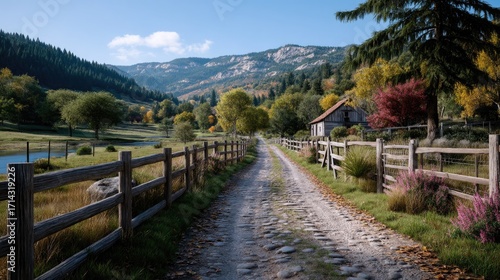 Scenic Autumn Countryside Road with Lush Green Trees and Clear Blue Sky Wide Shot