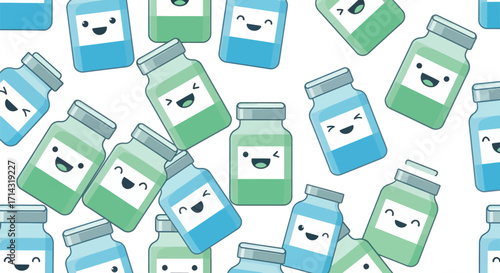 A cute cartoon pattern of smiling blue and green medical vaccine vials with happy faces.