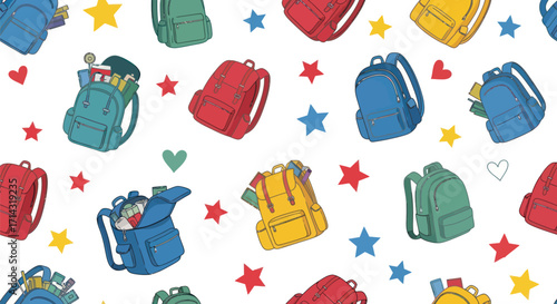 Colorful Backpacks and Stars Pattern for School and Travel.