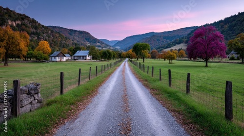 Scenic Autumn Landscape with Gravel Road Leading to Valley in Jura France with Colorful Trees at Sunset