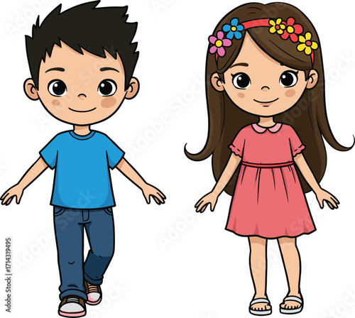 Cartoon children standing, smiling boy and girl, colorful outfit, expressive eyes, cheerful pose, flower headband, white background, playful illustration