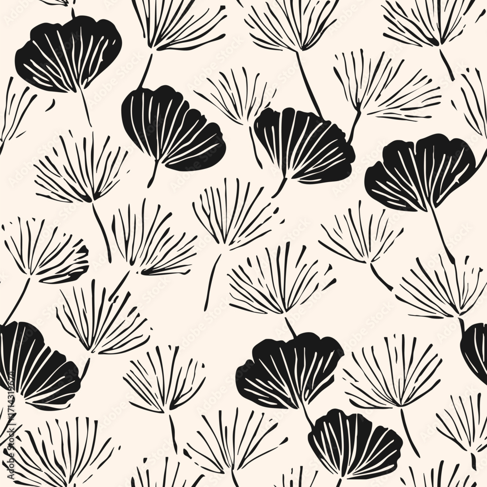 custom made wallpaper toronto digitalAbstract vector floral seamless pattern. Elegant minimal black and white background texture with flower silhouettes, twigs, leaves. Simple monochrome botanical print. Repeat design for decor, textile