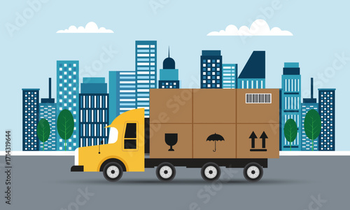 Truck on modern city background. Transport services and freight of goods concept