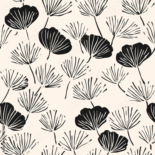 Wallpaper Mural Abstract vector floral seamless pattern. Elegant minimal black and white background texture with flower silhouettes, twigs, leaves. Simple monochrome botanical print. Repeat design for decor, textile Torontodigital.ca