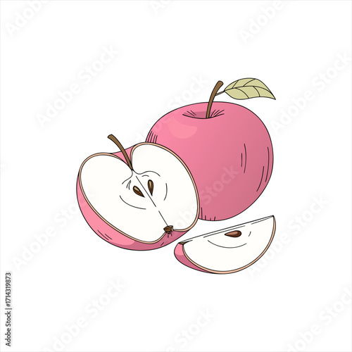 Pink apple whole half and slice with seeds and leaf