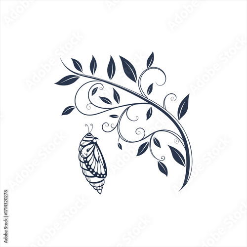 Delicate butterfly chrysalis hanging from ornate floral branch