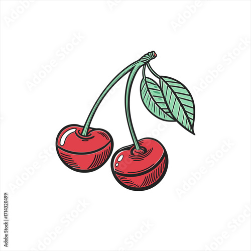 Hand drawn illustration of two red cherries with green leaves
