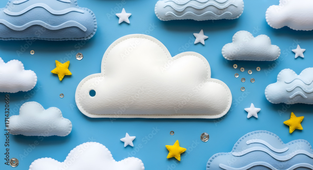 Fototapeta premium Dreamy sky filled with fluffy clouds, twinkling stars, and shimmering sequins, perfect for nursery decor or whimsical designs