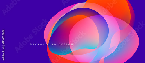 Abstract vibrant layers create dynamic circular forms. Purple background enhances colorful overlapping shapes, modern design element.