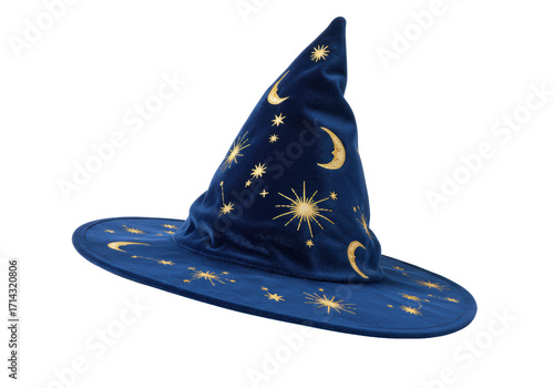 Isolated magician hat with celestial gold embroidery, wizard cap for costume or dress up