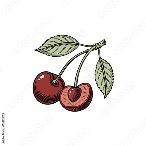Hand drawn illustration of two cherries with leaves on a white background