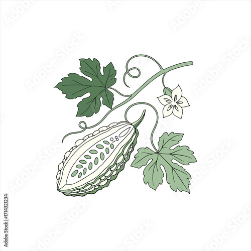 Illustration of a bitter melon fruit with leaves and a flower