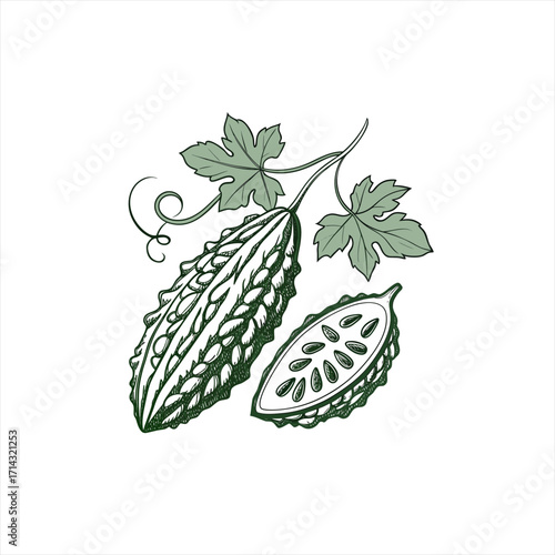 Hand drawn illustration of bitter melon with leaves and a slice showing seeds
