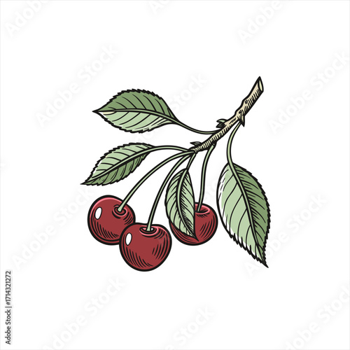 Hand drawn illustration of three ripe cherries on a branch with green leaves