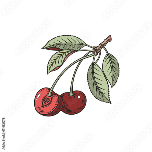 Hand drawn illustration of two cherries with leaves on a branch