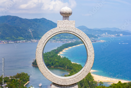 Amanohashidate, Kyoto Prefecture, Japan, Summer, Panorama, View through the circle monument