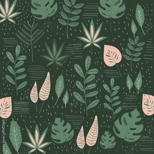 Autumn seamless pattern with different leaves and plants, seasonal colors