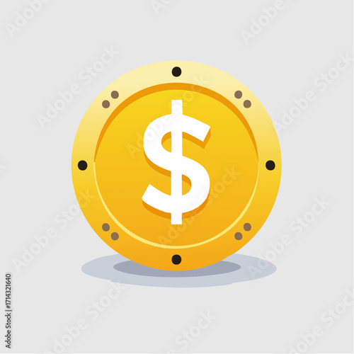 Illustration of a golden dollar coin with dollar sign, finance, and money concepts