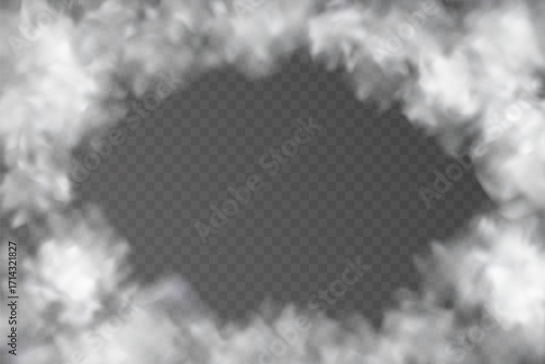 Oval frame made of smoke or clouds on transparent background. Ideal for photo overlays, decorative frames, sky scenes, and atmospheric design.
