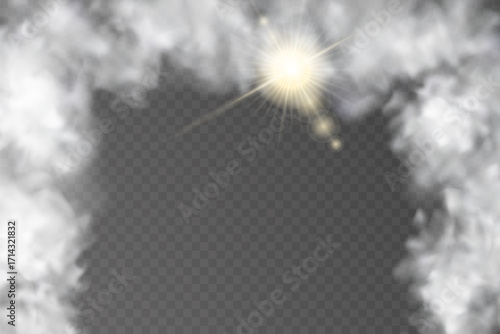 Cloud or smoke arch with glowing sun effect on a transparent background. Suitable for overlays, decoration, and atmospheric compositions.