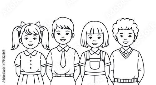 A black and white line art illustration of four diverse smiling school children standing together perfect for a coloring page.