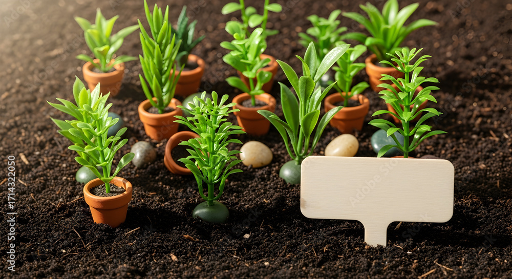 Fototapeta premium Cultivate your brand with this fresh, natural background of seedlings in terracotta pots, perfect for eco-friendly messages and sustainable business ventures