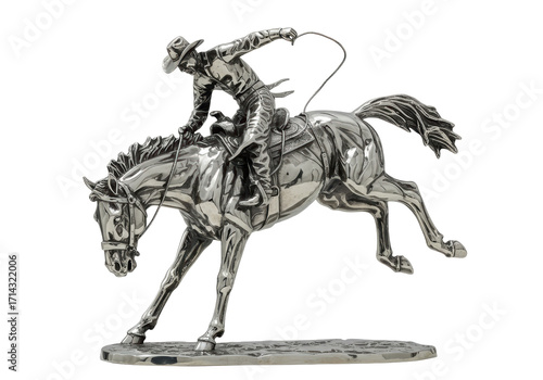 Fotografie Isolated vintage figurine of a cowboy on a horse, rodeo riding silver statuette