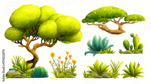 Adorable cartoon African savanna plants for left decoration: mini acacia tree with round fluffy canopy, curved branches, bouncy savanna grass, chubby aloe plants, colorful wildflowers clusters, 